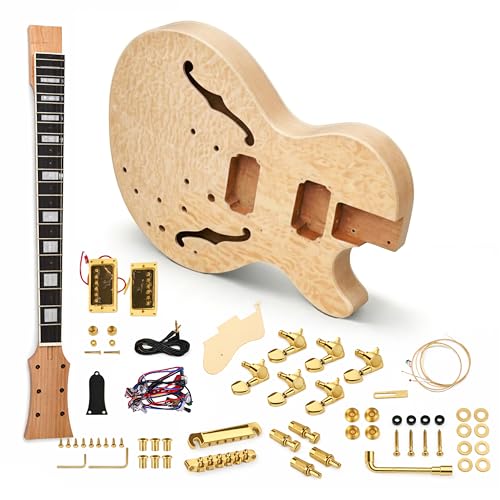 Coban Guitars Electric Semi Hollow DIY Guitar Kit ES240 Mahogany Body Quilted Maple Veneer Chrome Hardware Cream Fittings (Chrome/Cream)
