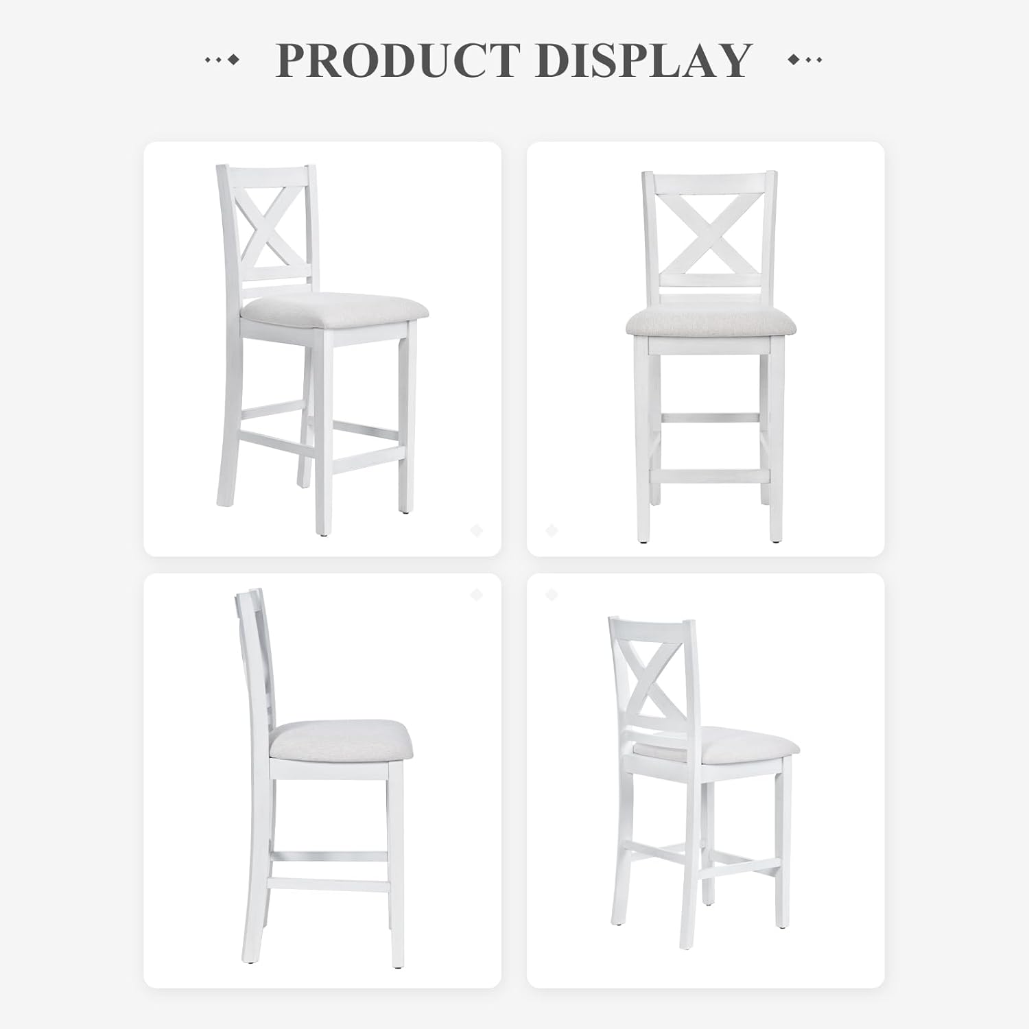 Upholstered Counter Height Bar Stools Set of 2, Modern Kitchen Island Barstools Chairs with Cross Back and Wood Legs for Dining Room Bar, Grey White Wash