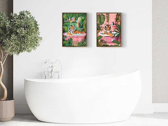 artzio framed canvas wall art–whimsical tiger in bathtub jungle bath decor,funny animal wall art for bathroom,living room & home office–set of 2 (12×16?) 2-pcs-3 framed 12"x16"