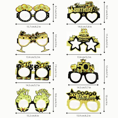 Grevosea 8 Pcs Birthday Party Eyeglasses, 50th Birthday Paper Sunglasses Decoration Happy Birthday Photo Booth Props Supplies for Her Birthday Party Girls Women Party Favors Decors Gift (50th)