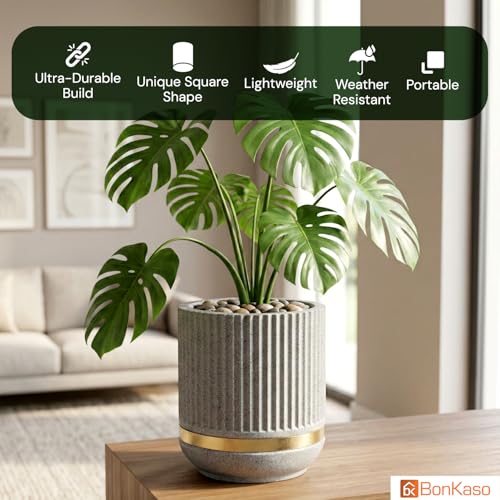 Image of BonKaso 14 Inch Tower Plant Pot for Indoor & Outdoor | Modern Lightweight Polymer Planter | Weather, UV & Frost Resistant | Ideal for Living Room, Balcony, Office & Nursery (Light Grey)