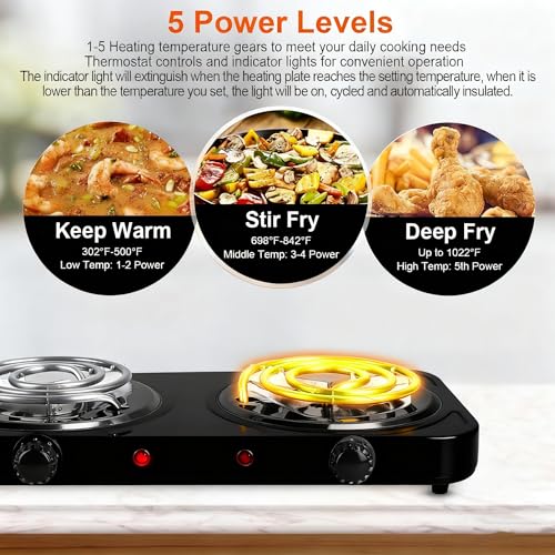 Image of 2000W Electric Portable Double Burner Coil Heating Hot Plate Stove | Countertop RV Hotplate Temperature Controls Easy to Clean for Camping RV Kitchen (Black)