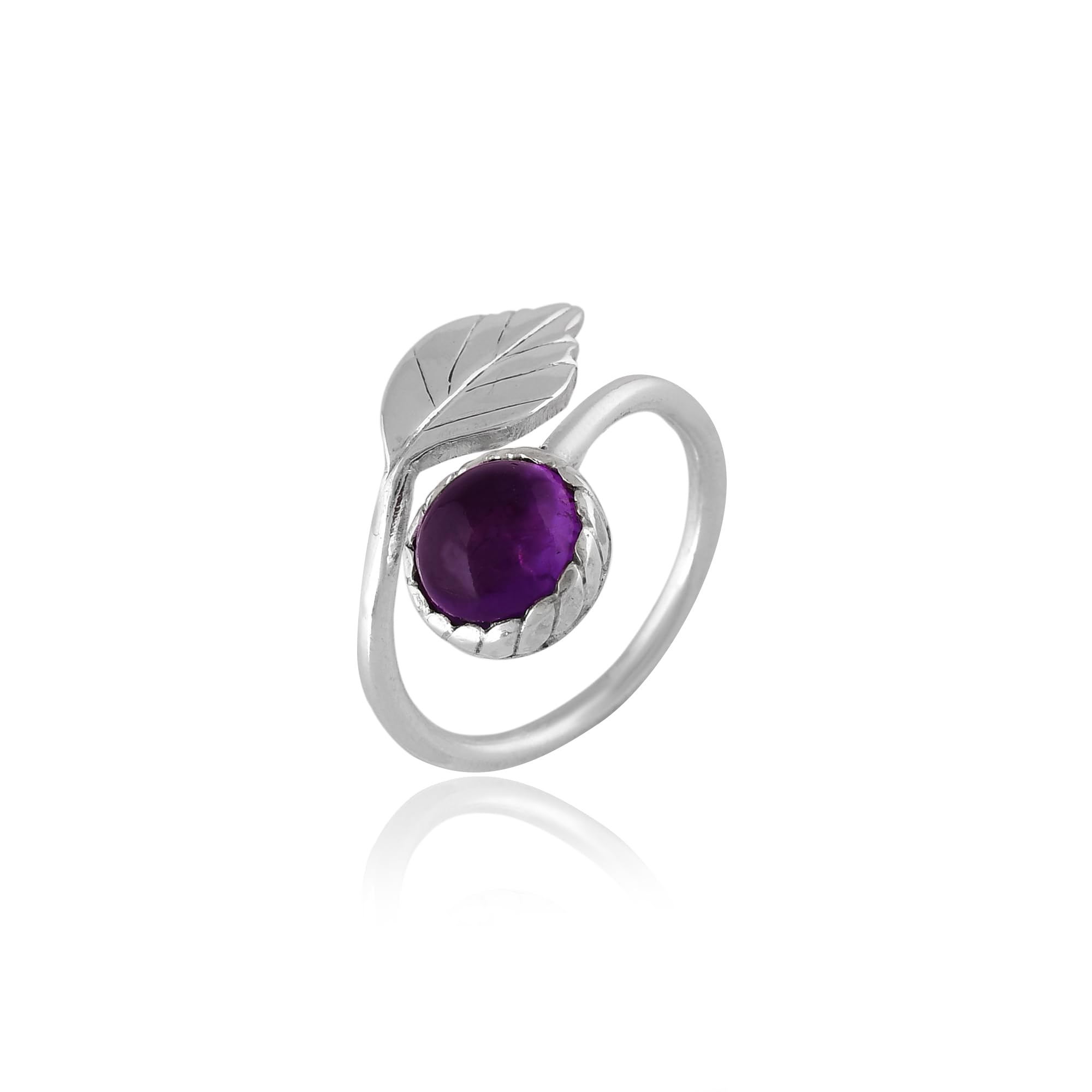 AAYORA 925 Solid Sterling Silver Ring, Leaf Ring with Natural Amethyst Gemstone, Statement Adjustable Ring, Handcrafted, Well Stamped with 925, Pure Silver Jewellery