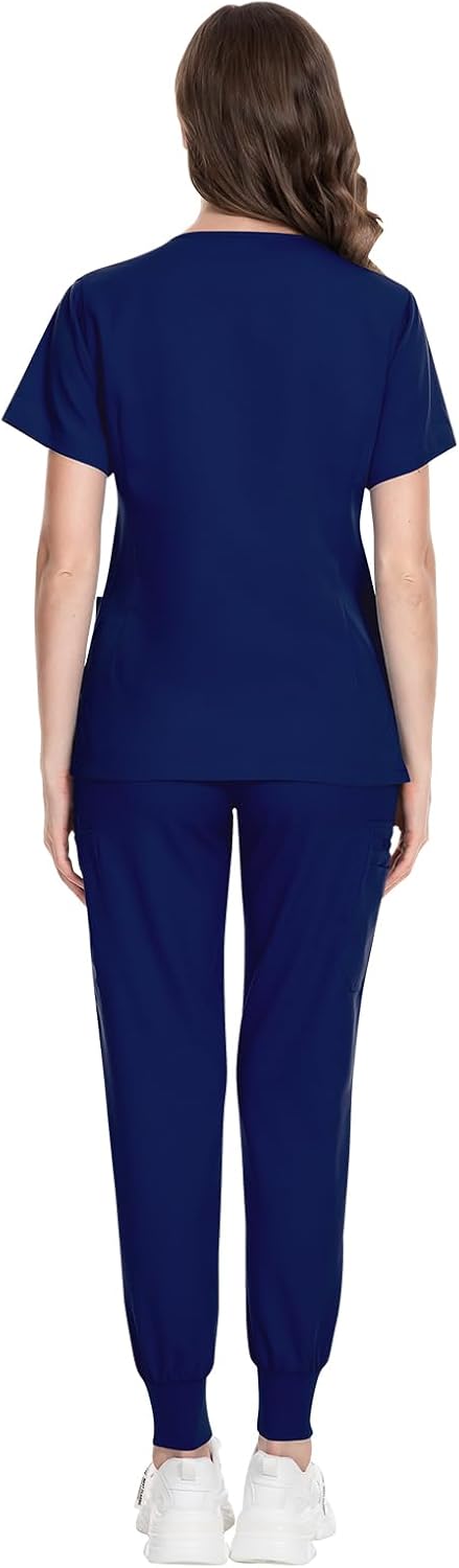 VIAOLI Scrubs for Women Set Modern V-Neck Top & 8 Pocket Jogger Pants Nursing Uniform Solid Stretch Workwear - Image 3