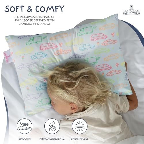 Image of Blue Cars - Kona's Perfect Childrens Pillow with Softest Toddler Pillowcase - 13 x 18 inch Toddler Pillow - 2 Year Old,