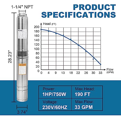 Wassermann 4STM4-6/230 4 Inch Deep Well Submersible Pump With 10Ft Cable,1Hp,220V/60Hz,33Gpm,190Ft Head,Stainless Steel Submersible Well Pumps Borehole Water Pump thumb #4