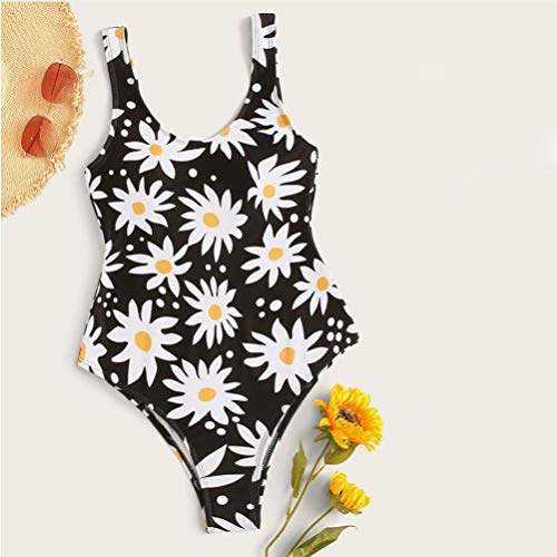 Maiô feminino floral de uma peça com controle de barriga e decote em U, costas nuas e cintura alta W