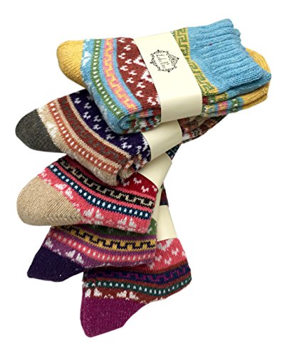 LuluVin's Women's Colorful Crew Vintage Inspired Knit Socks (5 Pairs) (Mulitcolored)
