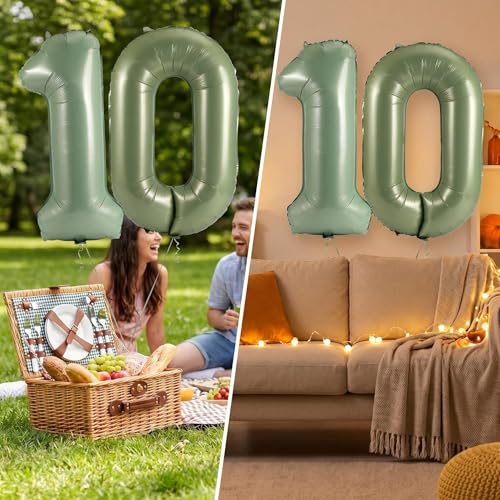 Image of Number 10 Balloon Foil Mylar Balloons for Birthday Party Decoration (Olive Green, 40 Inch)