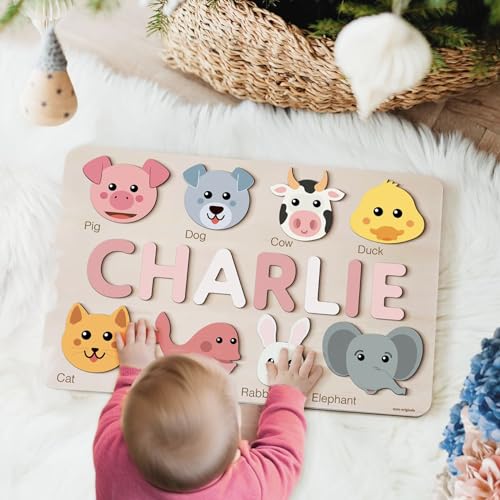 Regali Personalizzati per Bambine, Giocattoli Personalizzati per Bebè, Puzzle con Nome per Bambini Piccoli, Puzzle di Legno con Nome, Regalo di Natale, Puzzle con Animali