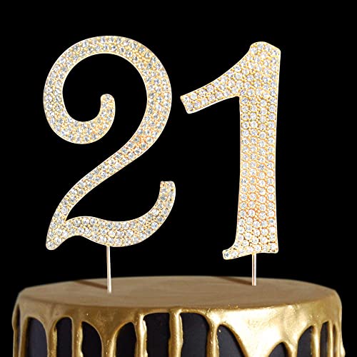Number Cake Topper 21, Uniideco Gold Rhinestone Premium Metal Bling Bling Cake Decor, Sparkly Happy Birthday Wedding Anniversary Party Decoration Centerpiece #TOP29