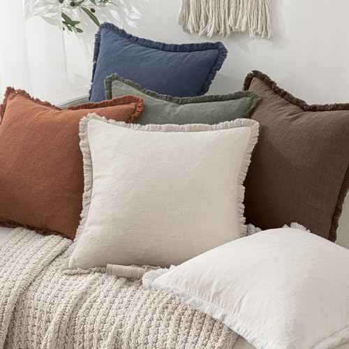 Image of MIULEE Decorative Throw Pillow Covers Neutral Linen Fringe Throw Pillows Set of 2 Reddish Brown Boho Farmhouse Cushion Covers with Tassels for Couch Sofa Bed Living Room Fall Decor 18x18 Inch