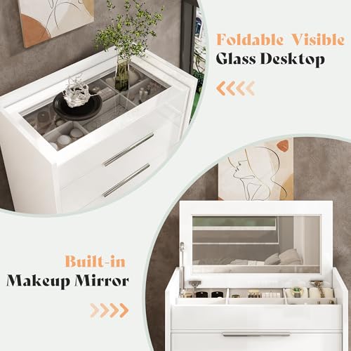 Image of AMERLIFE 4 Piece Bedroom Furniture Set, 2 Nightstands with Charging Station, 8 Drawer Dresser with LED Light & 5 Drawer Chest, Modern High Gloss UV Finish, Bedroom Storage Organizer, White