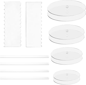 Acrux7 14 PCS Acrylic Cake Disc Set, 4.25"/6.25"/8.25"/10.25" Round Acrylic Disc, Clear Cake Decorating Supplies with 8 Cakes Discs, 2 Icing Scrapers and 4 Center Dowels for 2-4 Tier Cake Making