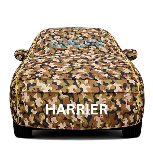 Image of Waterproof Car Body Cover for Harrier All Weather Protection Comes with Inner Cotton Lining & Triple Stitched with Mirror & Antenna Pocket Belt & Elastic Fit Army with Yellow Piping2