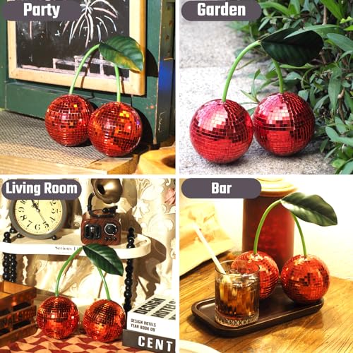 Juego de decoración disco cereza y seta: decoración roja de cereza con soporte y seta disco plateada con espejo reflectante para dormitorio, fiesta o habitación universitaria miniatura 4