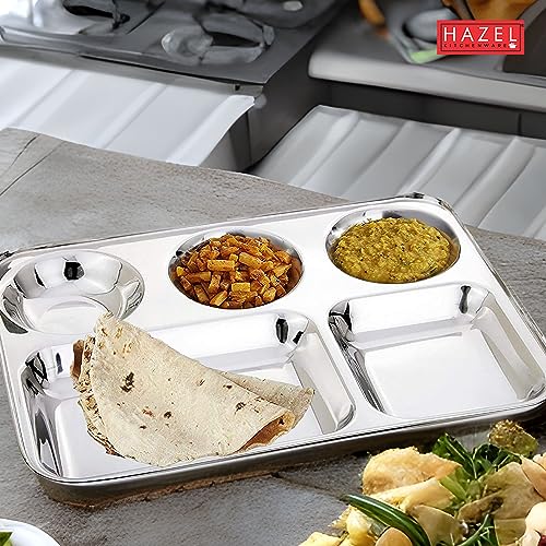 Image of HAZEL Stainless Steel Compartment Mess Plate | Steel Rectangle Bhojan Thali with Round Holes, Set of 6