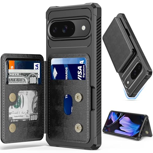 iMangoo for Google Pixel 9 Pro Case 9 Wallet Case with Card Holder 4 Credit Card Slots Shockproof Anti Drop PU Leather TPU Edge Kickstand Phone Cover Double Magnetic Clasp Flip Purse Sleeve Black
