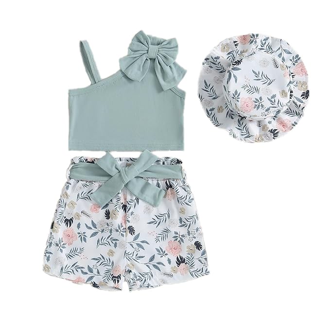Image of Bold N Elegant Girls Cotton Sleeveless Modern Top and Floral Shorts with Belt and Hat Trendy Coords Set Baby Girl Party Dress Outfit