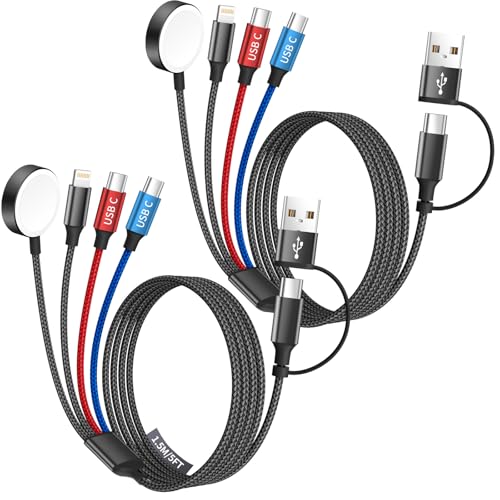 Travel 4 in 2 Charging Cable for Apple iWatch Charger/iPhone 17/Lightning, Dual Type-C Port Multi Charging Cable/Cords for All Devices Compatible iWatch Ultra/SE/10-1, iPhone16-8, iPad (2Packs 5FT)