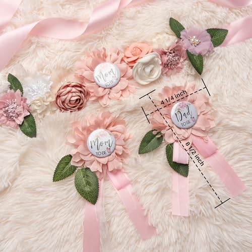Image of Baby Shower Maternity Sash Belly Belt-Pink Flower Sash Set Mom to Be & Dad to Be Corsage Pins for Gender Reveal