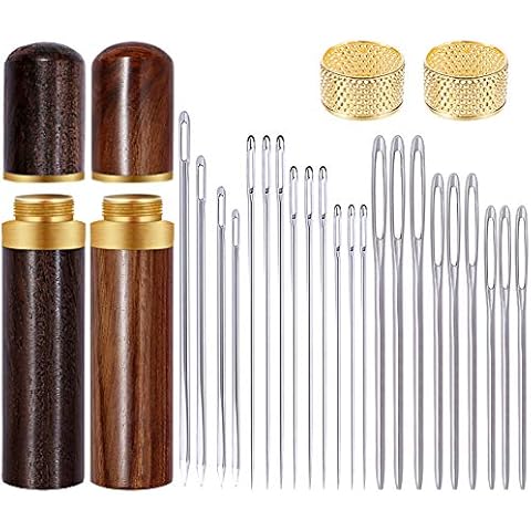 26 Pcs Leather Sewing Needles Kit, 4 Sizes Triangle Leather Needles with Large Eye Needles, Blunt and Pointed Stitching Needles, Thimble and Needle Bottles for Leather Stitching Hand Sewing Cover