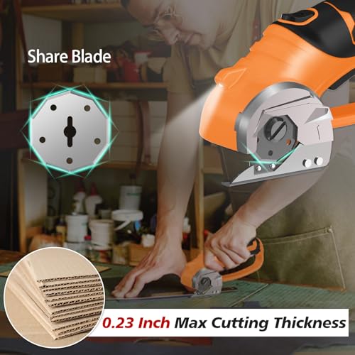 Image of Cordless Electric Scissors, 4V Rechargeable Box Cutter & Cardboard Cutter with LED Light, Safety Lock - Rotary Cutter for Fabric, Leather, Carpet, Plastic, Crafting, Sewing with Storage Box (Orange)