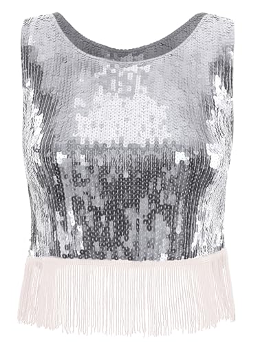 iiniim Crop Top para Mujer Camiseta Brilllante de Discoteca Los años 80 70 Top de Lentejuelas Brillantes Club Fiseta Plateado M
