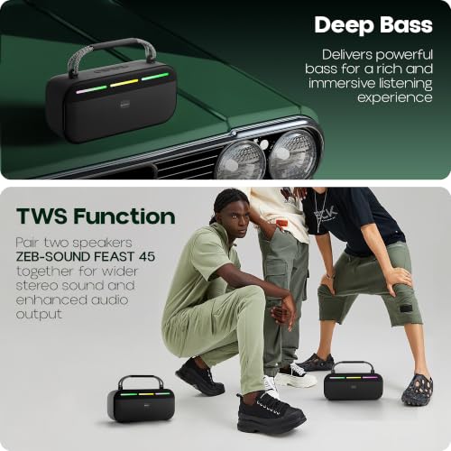 Image of Zebronics Sound Feast 45 Portable Bluetooth Speaker, 20W RMS, Up to 5h Playback, 6.6cm Driver, Deep Bass, 4 RGB Modes, BT v5.4, USB, mSD, TWS, Type-C Charging, Carry Handle (Black)