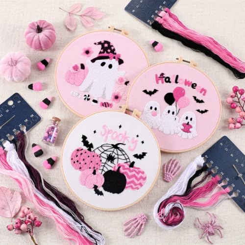 Image of Mindsoft 3 Set Needlepoint Kit for Beginners with Hoop,Pink Halloween | Bamboo Hoop Thread Needles Instructions, Easy Hand Embroidery for Beginners Home Crafts,Pre-stamped Funny Cute Designs