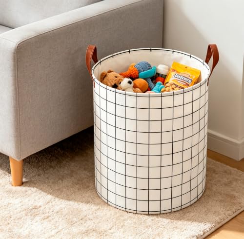Image of CLOCOR Collapsible Round Laundry Hamper /Large Storage Basket /Room Decor (White check)