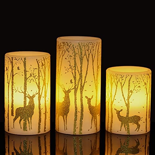 Image of Gold Deer Flameless Candles with 6H Timer, Set of 3 Real Wax LED Flickering Candles, Christmas Pillar Candles with Gold Elk Decor for Home Party Decorations(H6 x D3)