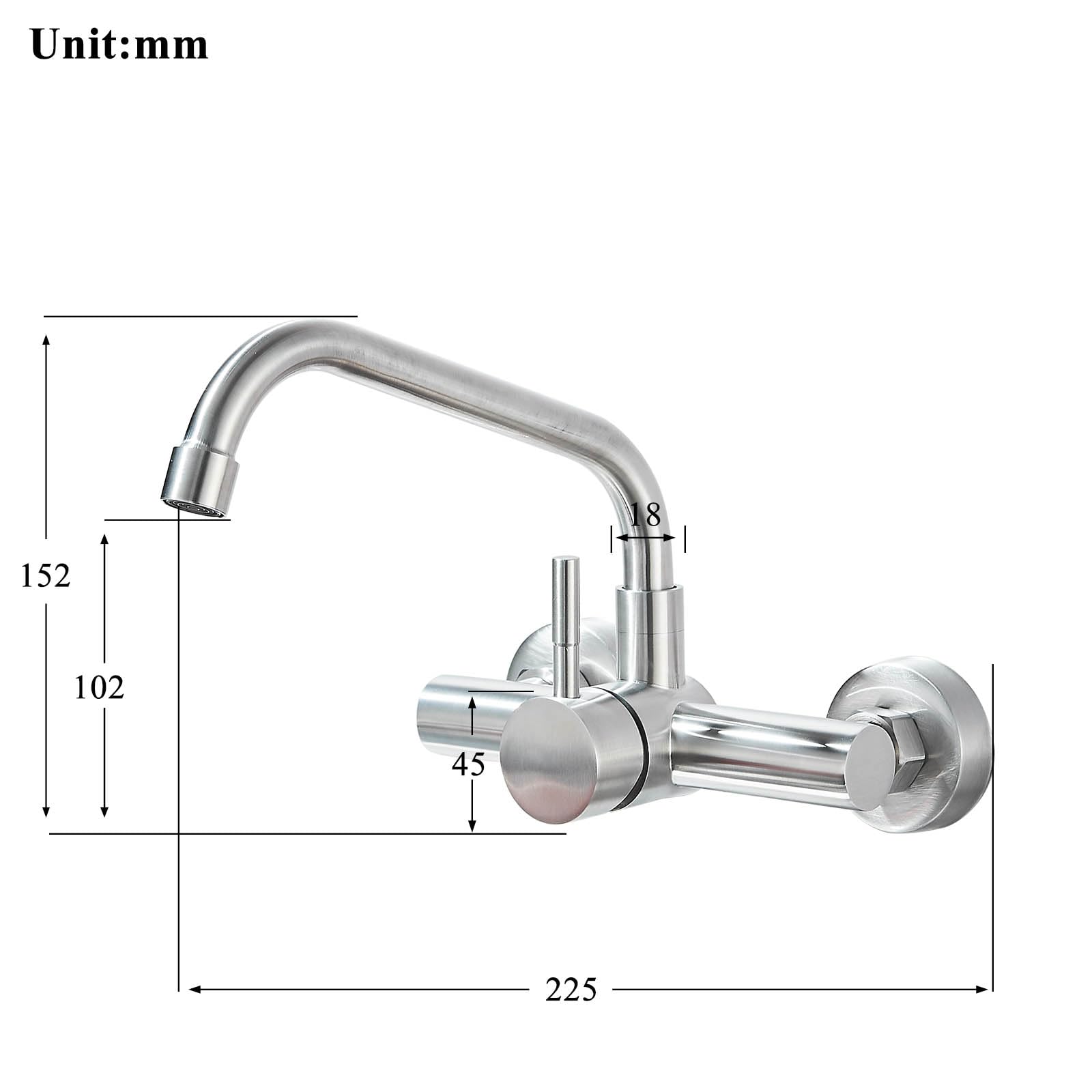 Grifo Cocina de Pared 15 cm Orificio de Montaje, Grifería de Mezclador Monomando de Acero Inoxidable 304, Grifería de Fregadero Rotación de 360​°, Agua Fría y Caliente, Plateado