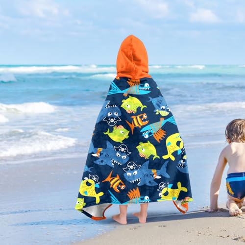 Image of Shark Boys Beach Towel with Hoodie for Kids Toddlers Age 4-8,Shark Blue Bath Towels Shower Wrap for Boys, Hooded Poncho Beach Blanket for Pool Swimming Cute Wearable Bath Towel for Child