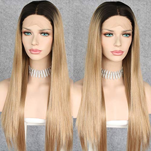 Udreamy Natural Straight Synthetic Lace Front Wig Ombre Brown To Blonde Heat Resistant Wigs For Women Christmas Party Wear 24 Inch