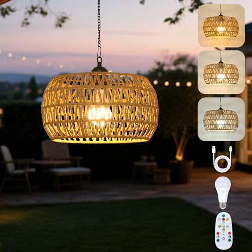 Eayaya Battery Operated Chandelier with Remote 11.8 Rattan Battery Powered Hanging Light for Porch Rechargeable Outdoor Chandelier for Gazebo Boho Cordless Pendant Light for Indoor Outdoor Patio