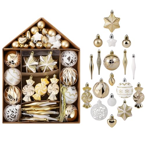 GarveeHome 73ct Christmas Ball Ornaments Set, Shatterproof Xmas Tree Decor Ball Ornaments with House Shape Box, Assorted Hanging Ornaments for Christm