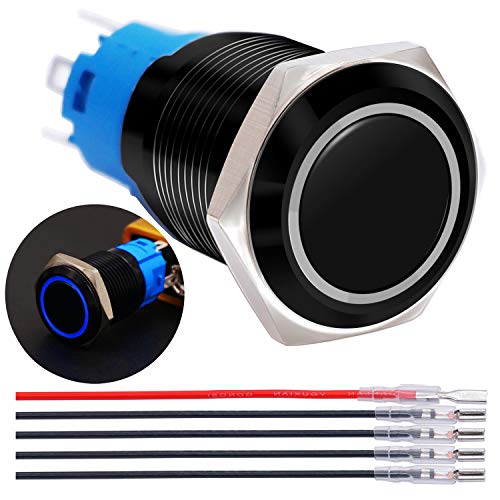 Twidec / 16mm Mounting Hole Latching Push Button Switch 1NO 1NC SPDT ON/Off Black Waterproof Stainless Steel Shell with 12V Blue LED Lamp Ring for car Modification Switch L-16-O-B-BU