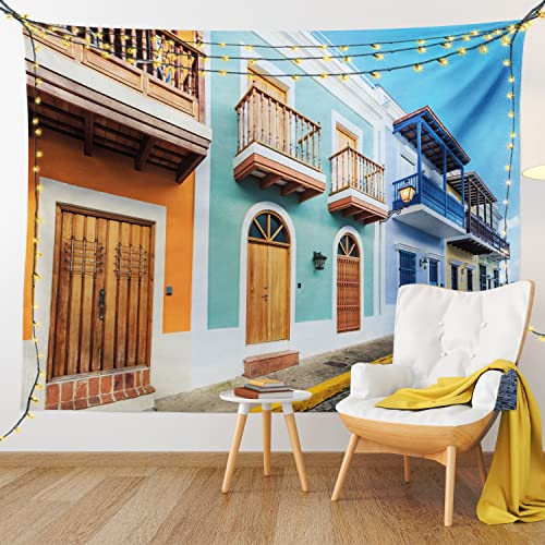 Ambesonne Puerto Rico Tapestry King Size, Street in Old San Juan with Colorful Houses by The Sea Caribbean Architecture, Wall Hanging Bedspread Bed Cover Wall Decor, King Size, Turquoise