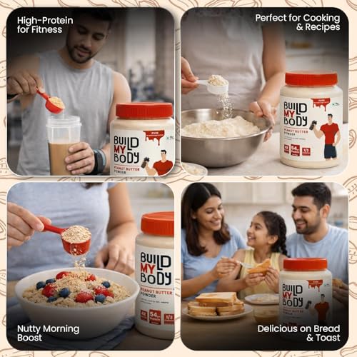 Image of Build My Body | BMB - Pure Peanut Butter Powder | 54g Protein | Makes 900g Peanut Butter Spread | Unsweetened | Unsalted | 100% Natural | 1 /3 Calories | 4x Less Fat | Ideal for Smoothies, Spreads, Baking & Fitness Diets | 410g