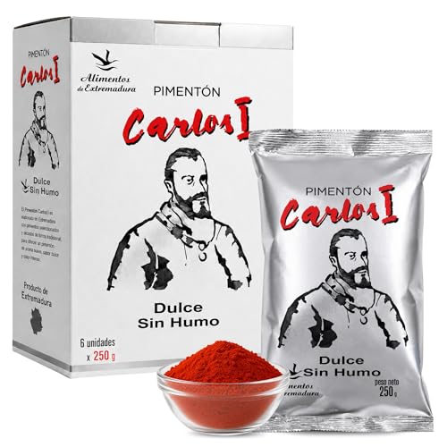 Pimentón de Cuacos de Yuste Dulce, Pimentón Carlos I, Especies para la cocina, Producido en Extremadura, Ideal para guisos, carnes, salsas y platos tradicionales, 6 bolsas de 250 gr