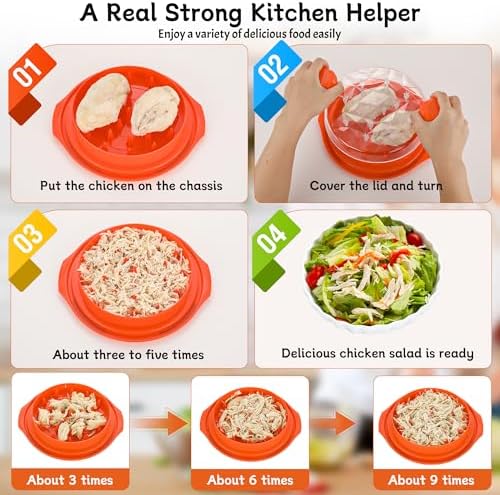 Chicken Shredder Tool Twist Large with Brush, 10" Pro Visible Kitchen Meat Shredder Grinder Machine, Strong Anti-Slip Base, Ergonomic Handle, BPA Free, Suitable for Steak Pork Chicken Breast (Orange)