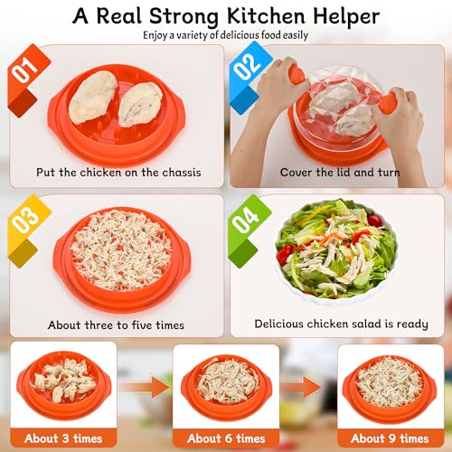 Chicken Shredder Tool Twist Large with Brush, 10" Pro Visible Kitchen Meat Shredder Grinder Machine, Strong Anti-Slip Base, Ergonomic Handle, BPA Free, Suitable for Steak Pork Chicken Breast (Orange)