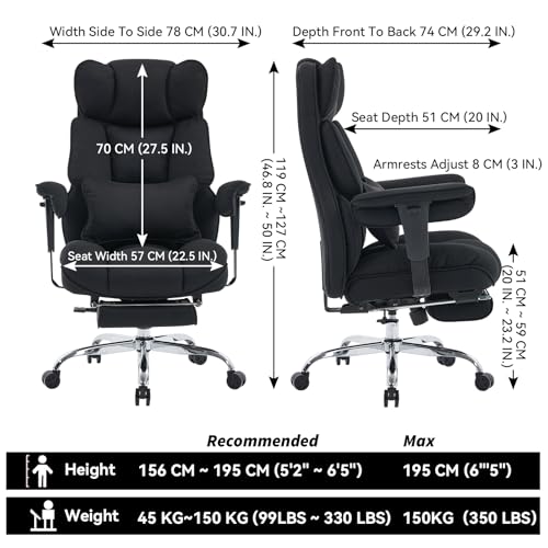 Image of Efomao Executive Office Chair, Mesh Black Fabric Big and Tall Desk Chair | Breathable fabric, pocket spring & foam seat, retractable footrest, 135 recline for computer gaming setup