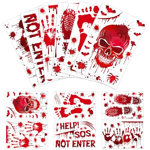 NEBURORA 6 Sheets Terror Bloody Handprint Clings Footprint PVC Window Stickers Spooky Wall Decal and Floor Stickers for Halloween Decorations Party Decorations