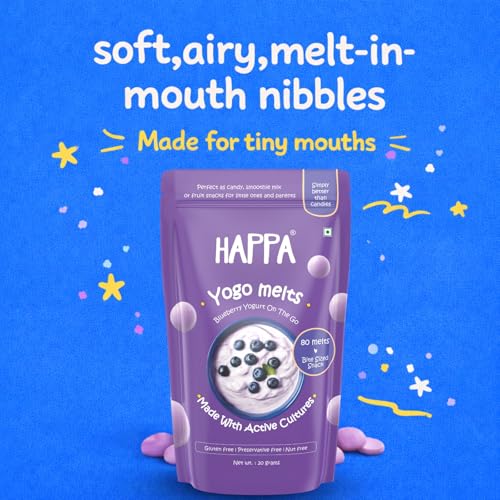 Image of Happa Blueberry Yogurt Melts | Real Greek Yogurt Candy for Babies, Kids & Adults | No Added Colours, No Artificial Flavours | Melt-in-Mouth | 8M+ | Single Ingredient | 20g Pack of 2
