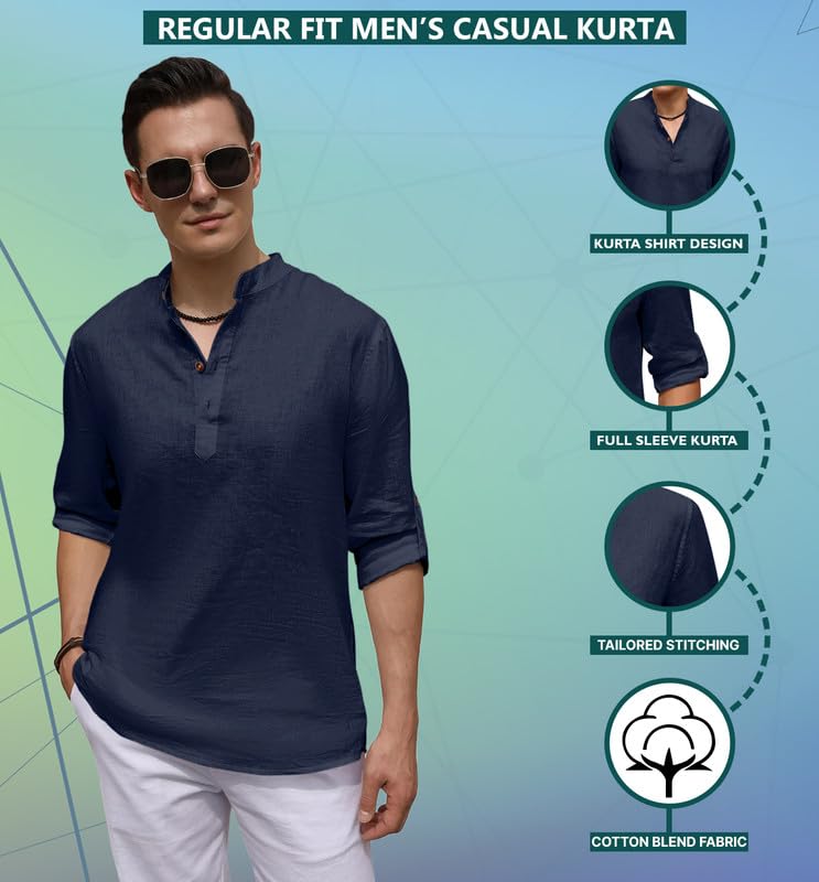 Image of ROYALSCOUT Men's Cotton Blend Casual Short Kurta Shirt with Notch Neck and Button Detail | Full Sleeve Straight Fit Lightweight Ethnic Top for Summer