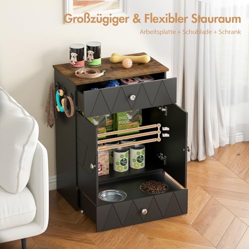 Haustier-Futterschrank mit Lagerschrank, Futterschrank Hund mit 2 Edelstahlnäpfen & 3 Haken, Hundefutterstation mit Schubladen & Verstellbarer Ablage, Hundebar für Hunde, 61x35,5x82,5cm (Schwarz)