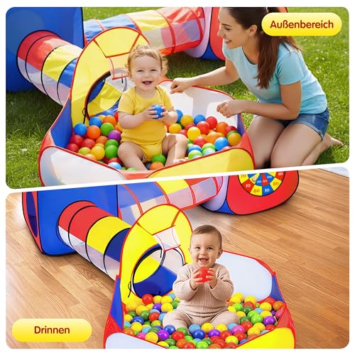 all Kids United® Spielzelt mit Tunnel, Bällebad, Krabbel-Tunnel & mehr (ohne Bälle) XXL Spielland 5-teiliges Pop-Up Spiel-Haus mit Tasche