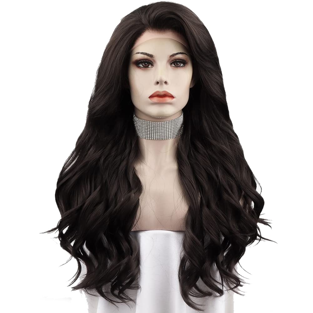 IMSTYLE Long Dark Brown Wavy Wigs Free Part Dark Brown Wig Natural Looking Synthetic Heat Resistant Fiber Wigs Hair for Women Daily Party Use 26 inches